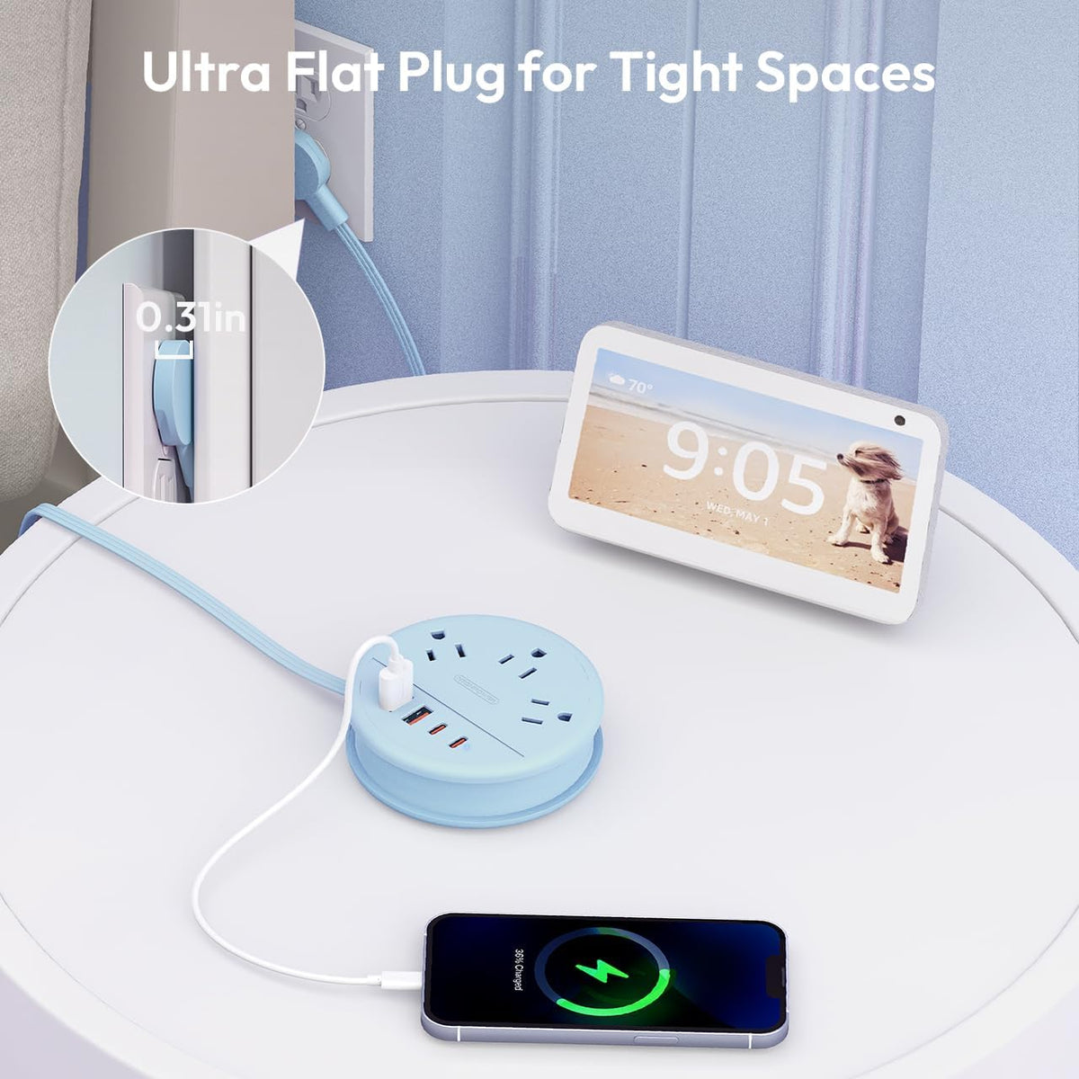 NTONPOWER Blue Travel Power Strip 20W, Travel Essentials, Cruise Essentials 3 Outlets 4 USB Ports(2 USB C), 4FT Wrapped Around Extension Cord for Travel Cruise Ship Beach Vacation Essentials