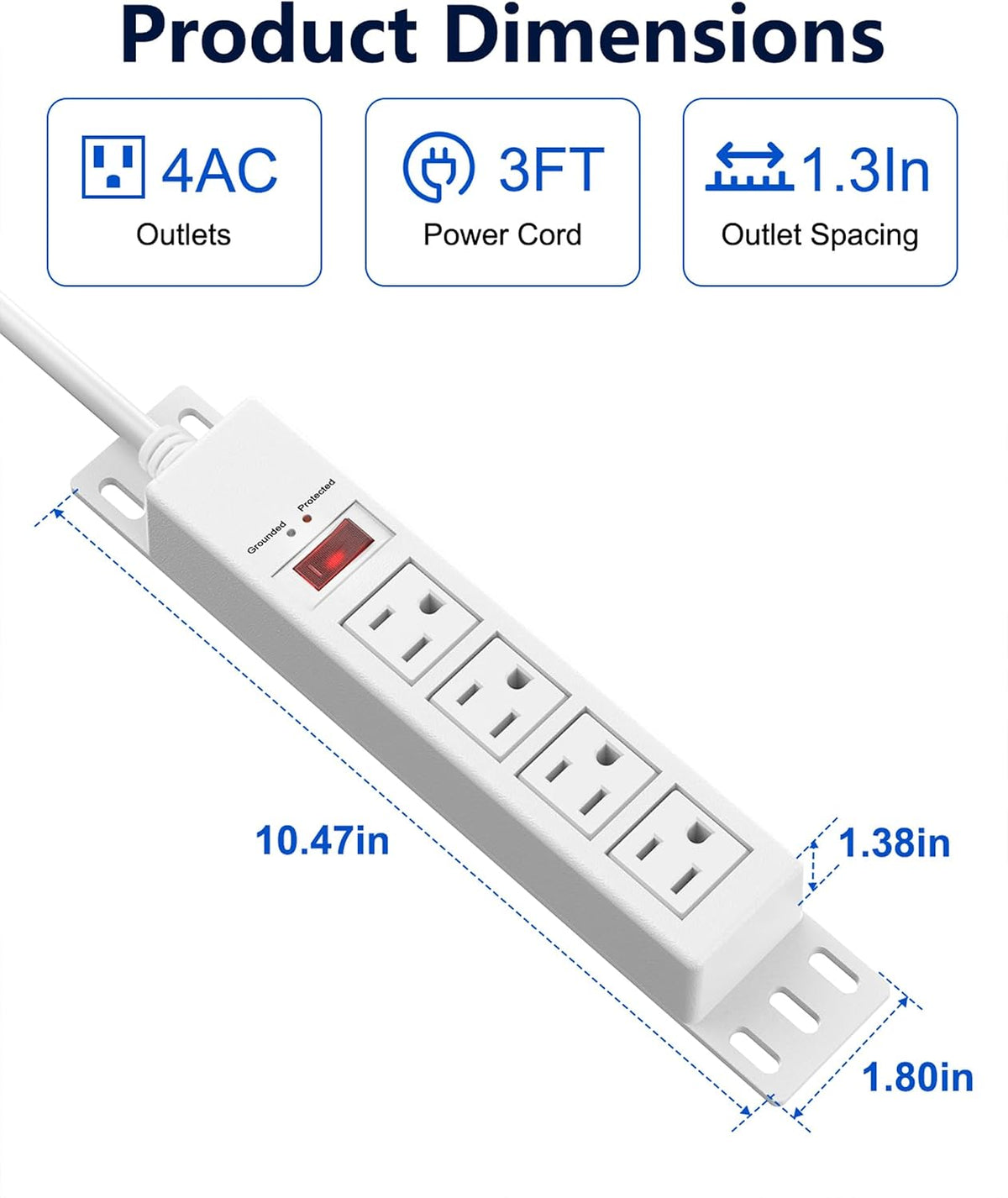 1500J Small Surge Protector Power Strip 4 Outlets 3 ft, White