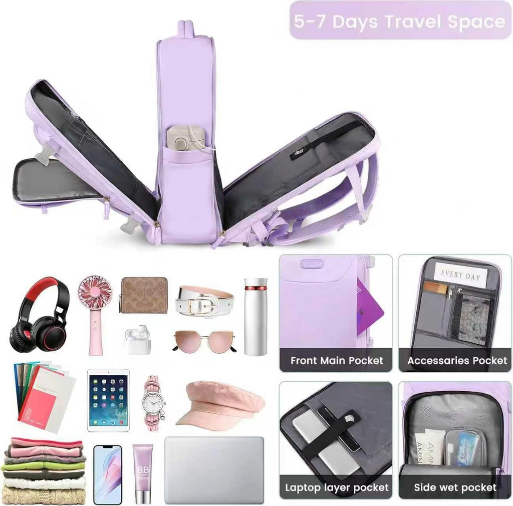 Carry on Backpack, 40L Flight Approved Large Travel Laptop Backpack, 17 Inch Water Resistant Luggage Computer Daypack College Weekender Overnight Bag for Men & Women, purple