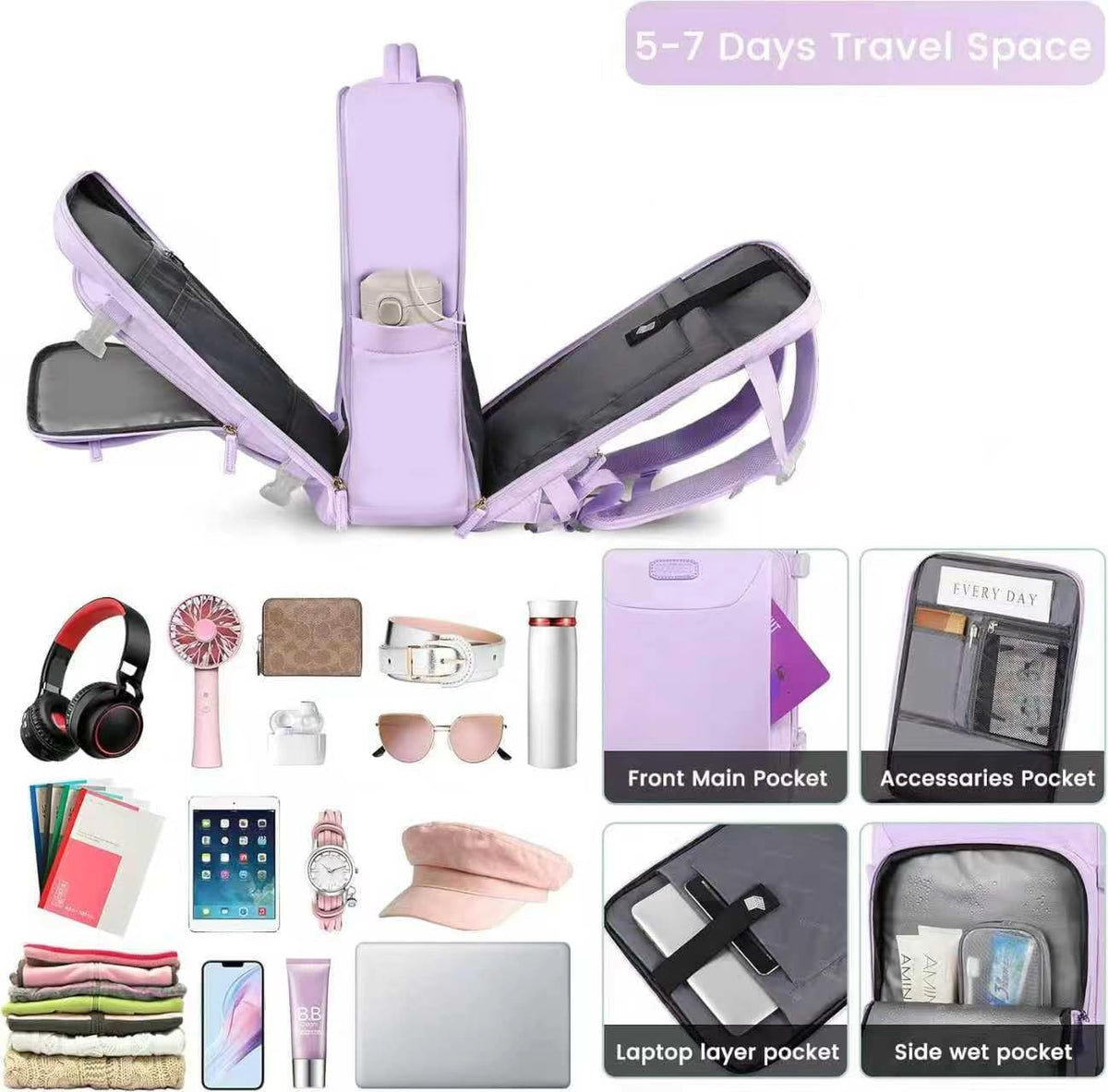 Carry on Backpack, 40L Flight Approved Large Travel Laptop Backpack, 17 Inch Water Resistant Luggage Computer Daypack College Weekender Overnight Bag for Men & Women, purple