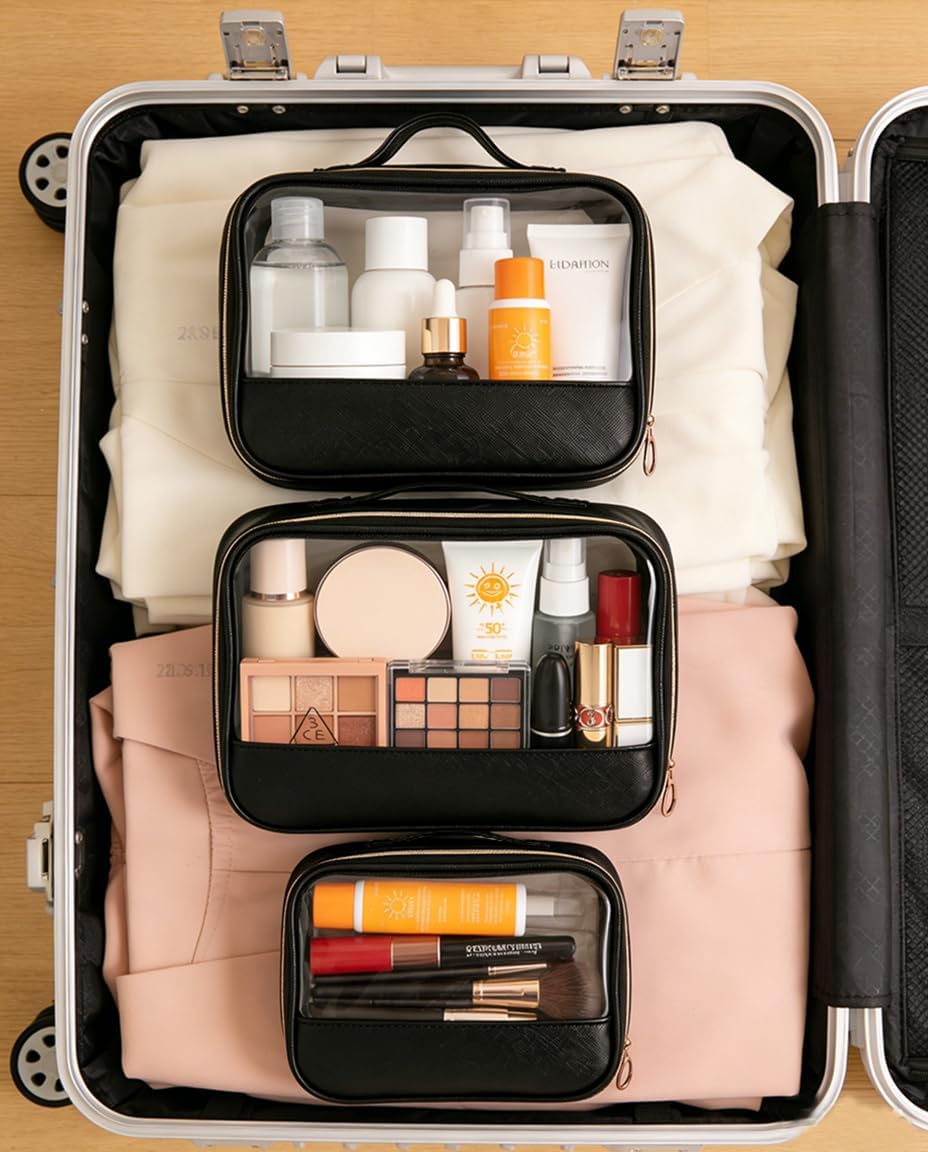 Clear Makeup Bags with Zipper, 3 Pack Clear Cosmetic Bag Set Makeup Organizer TSA Approved Travel Toiletry Bag for Carry-on & Checked Luggage Water Resistant Car Storage Organizer Women