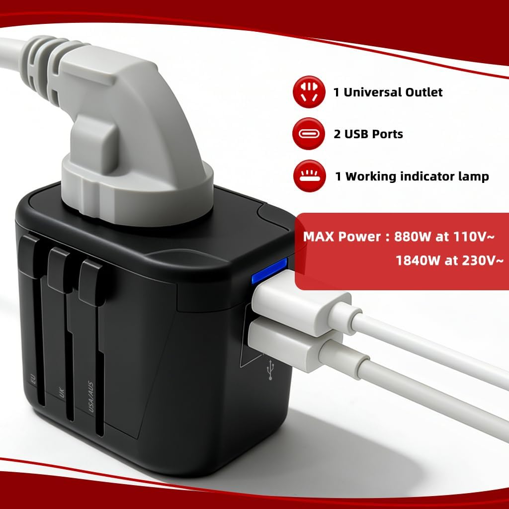 Universal Travel Adapter, Worldwide Plug Adaptor with 2 USB-A Ports