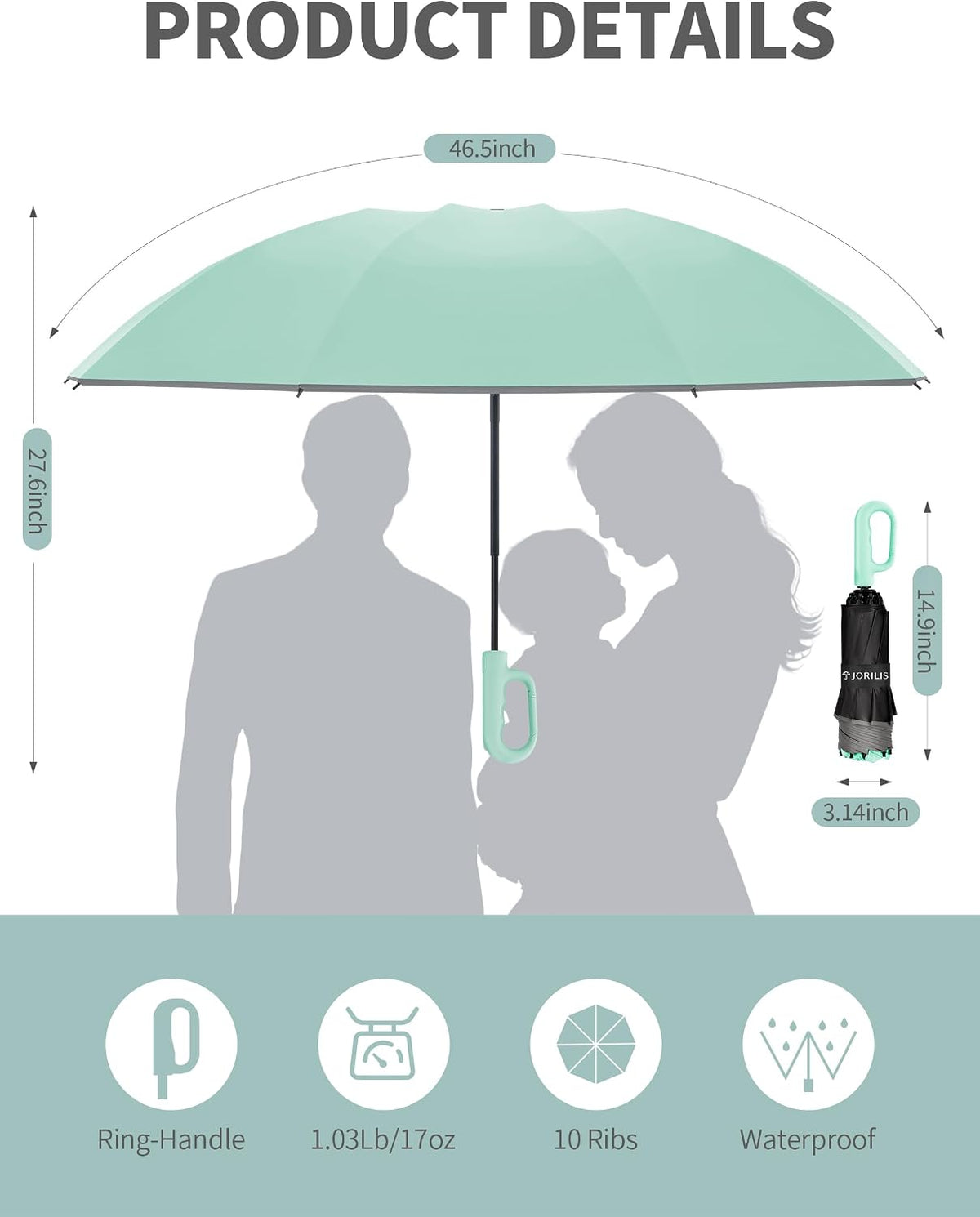 Jorilis Inverted Umbrella with Carabiner Handle, Windproof UV Sun & Rain