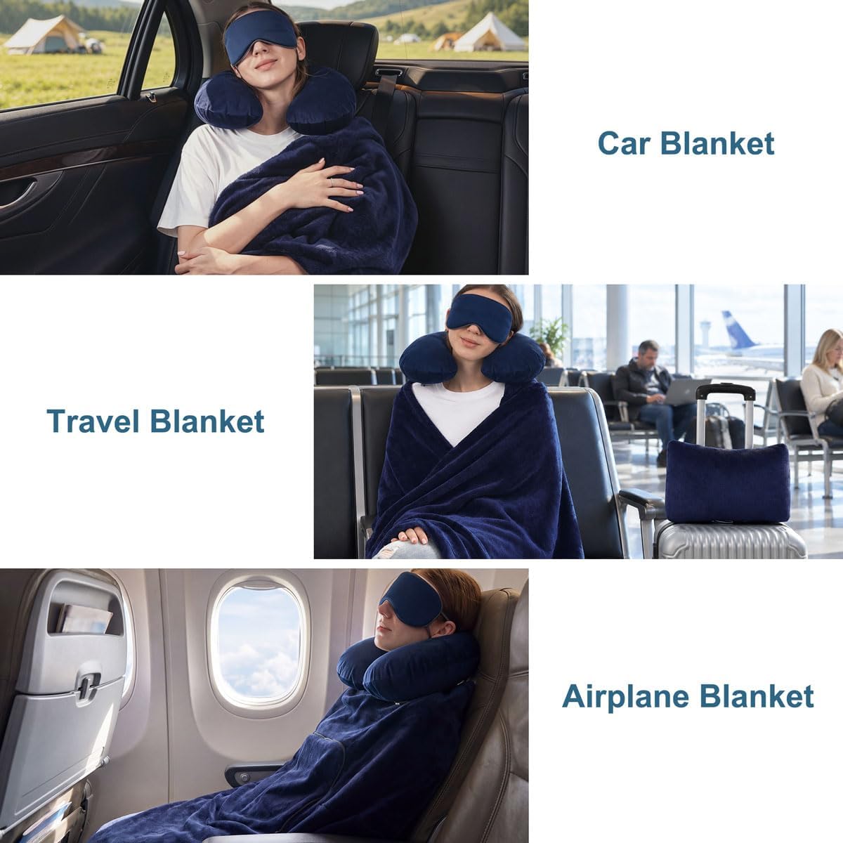 KAWAHOME Travel Blanket Airplane Compact Set with Neck Pillow, Eye Mask