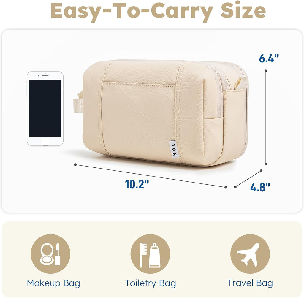 NOL Toiletry Bag for Men/Women, Water-Resistant Nylon Travel Organizer with Multiple Compartments, Flat-Open Makeup Cosmetic Bag with Dual Zippers & Side Handle, Shaving Dopp Kit for Toiletries, Cream
