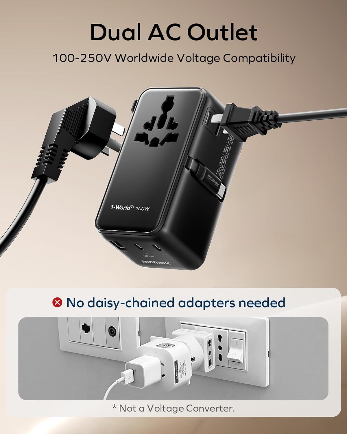 MOMAX 100W Universal Travel Adapter All-in-1 Plug Adapter with USB-C Cable