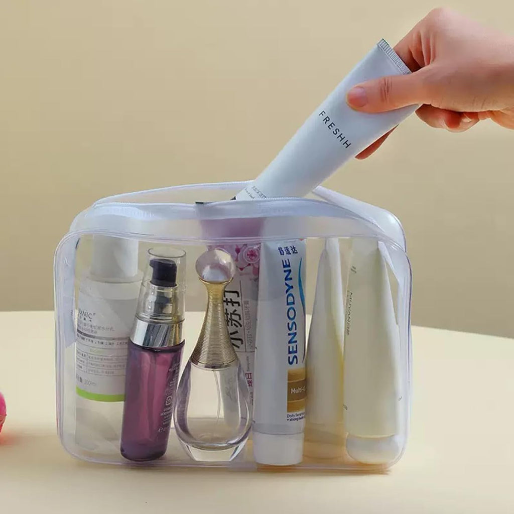 6 Pack Clear PVC Zippered Travel Cosmetic & Toiletry Organizer Bag Set for Makeup, Shower Essentials - White