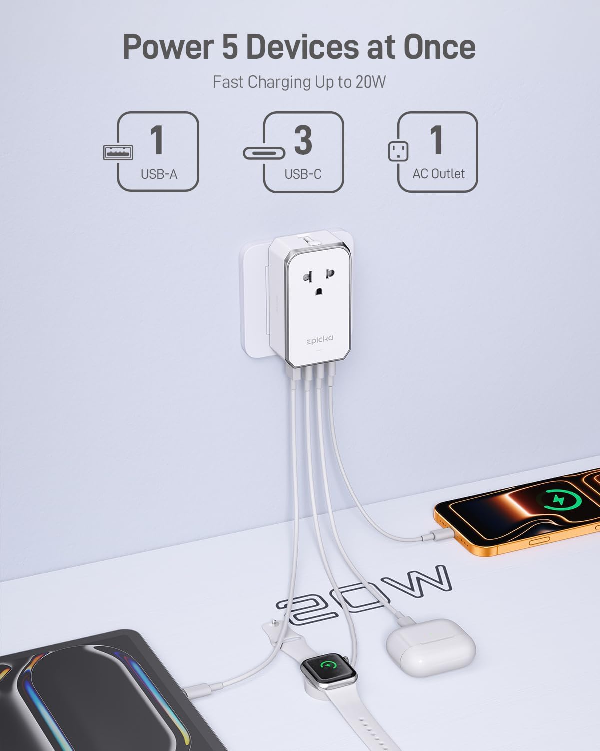 EPICKA Air 20W Universal Travel Adapter PD&QC with 1AC/3USB-C/1USB-A