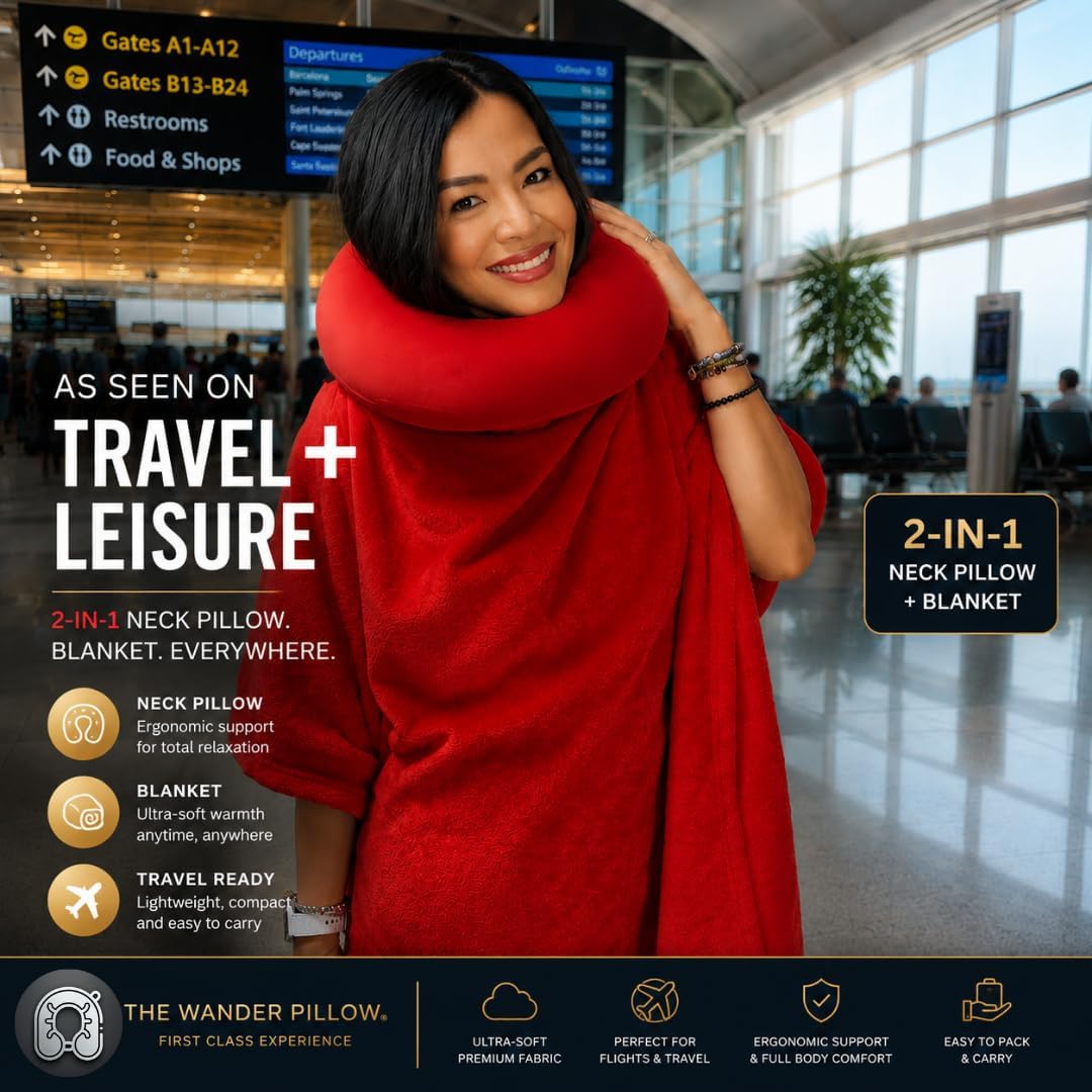 Travel Pillow with Built-In Blanket Memory Foam Neck Pillow for Airplane Travel, Flight Pillow with Blanket Portable Airplane Pillow for Adults Compact Travel Neck-Pillow for Plane, Car & Long Flights
