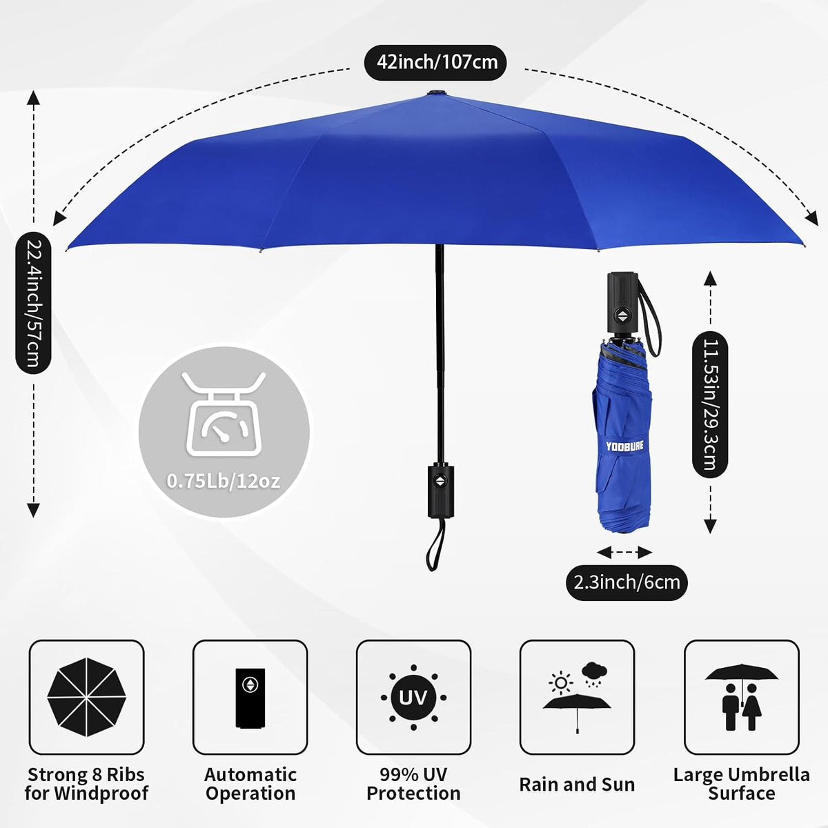 Yoobure Windproof Automatic Travel Umbrella, Compact Folding UV Sun & Rain