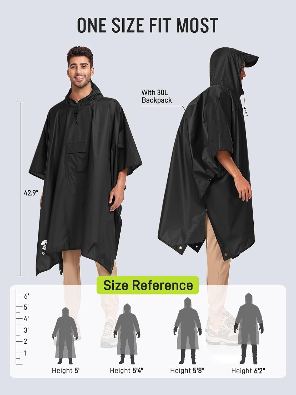 SaphiRose Double Layer Rain Poncho, Waterproof Thick Hooded Raincoat 3-in-1