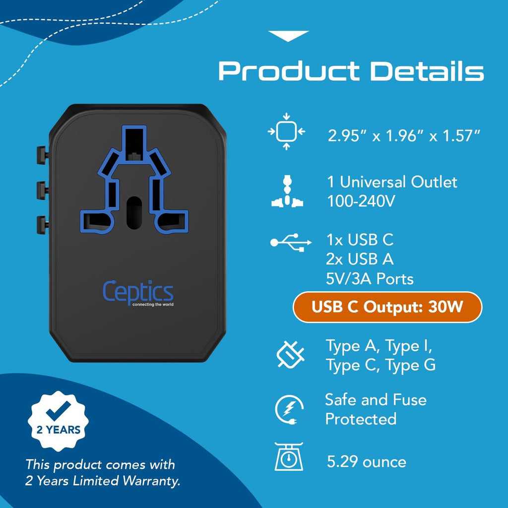 Ceptics International Power Adapter - 30W USB-C, 2 USB-A, Universal Input