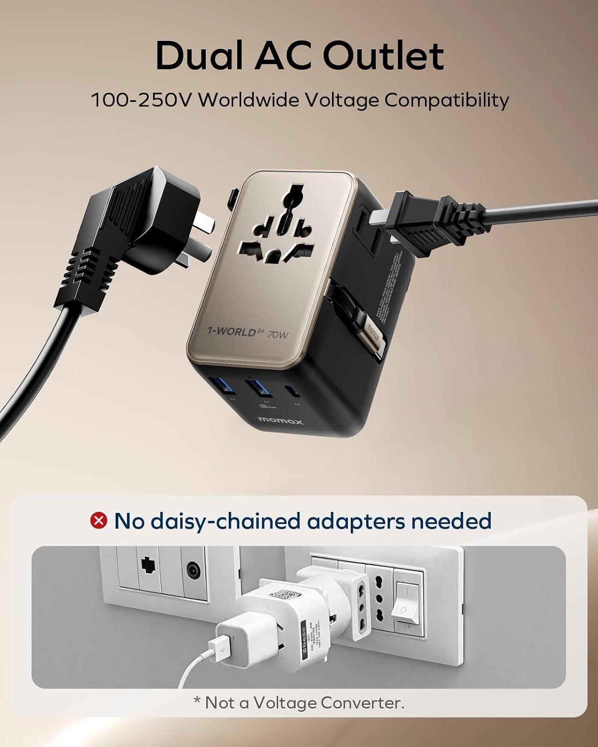 MOMAX 70W Universal Travel Adapter All-in-1 Plug Adapter with USB-C Cable