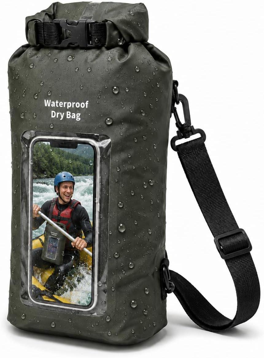 3L IPX8 Waterproof Dry Bag Backpack with Touchscreen Phone Pouch,Green