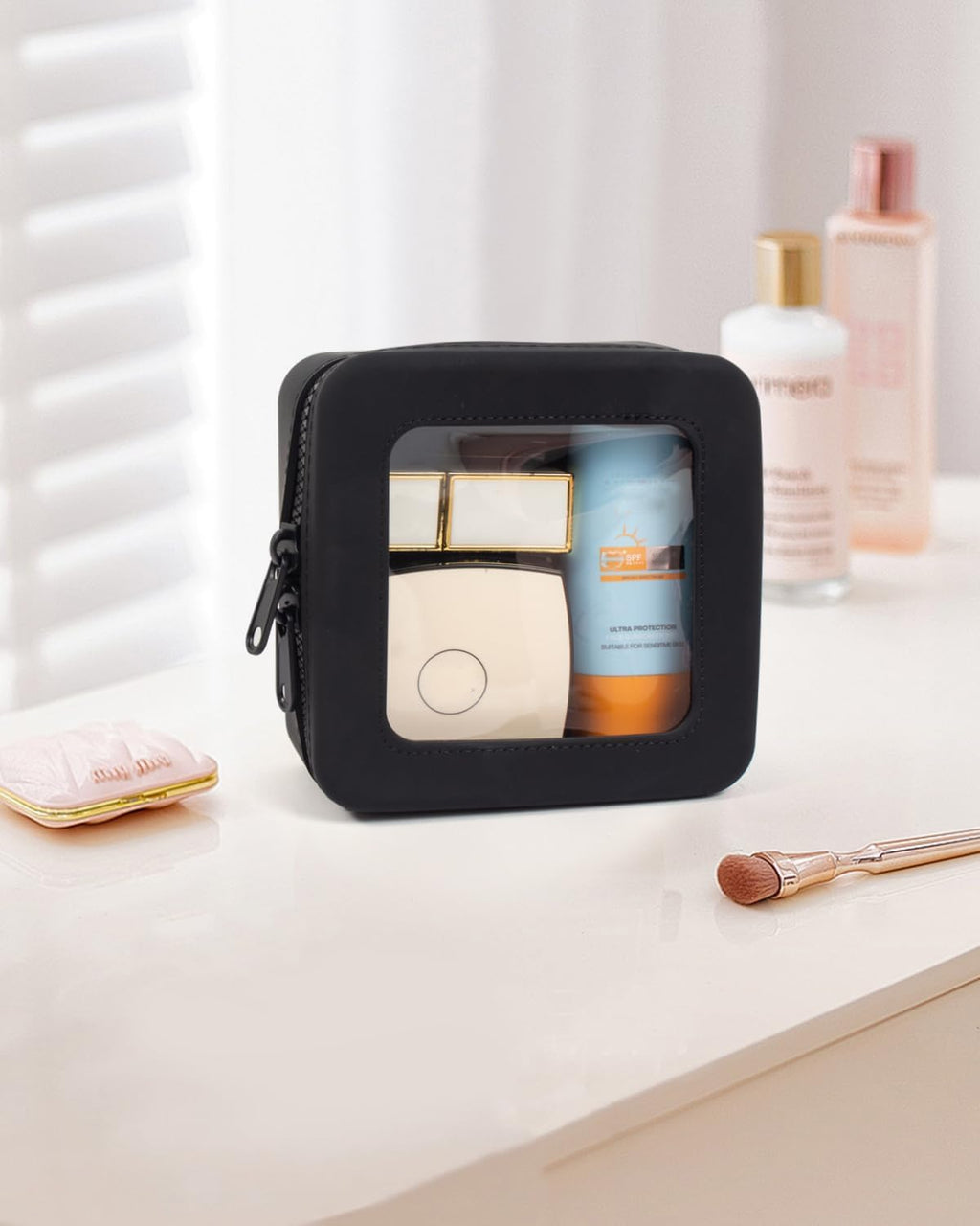 Small Clear Makeup Bag for Women, Mini Silicone Pouch Travel Cosmetic Case Waterproof Clear Make Up Pouch Purse with Zipper Cute Toiletry Bags for Traveling Car Organizer Travel Essentials (Black)
