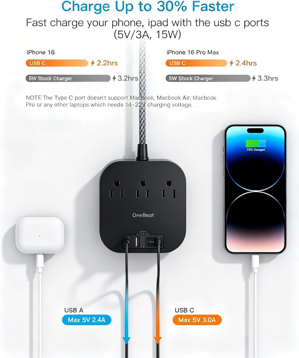 One Beat Power Strip with USB C, 10ft Braided Extension Cord, 22.5W