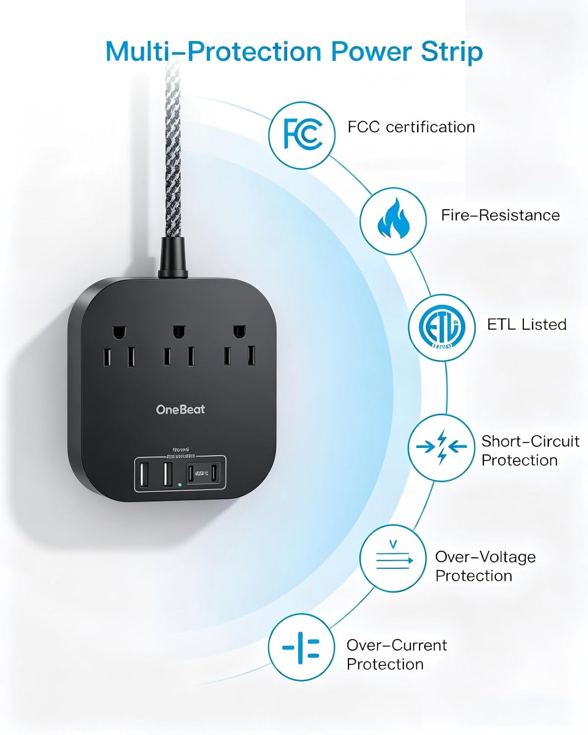 One Beat Power Strip with USB C, 10ft Braided Extension Cord, 22.5W