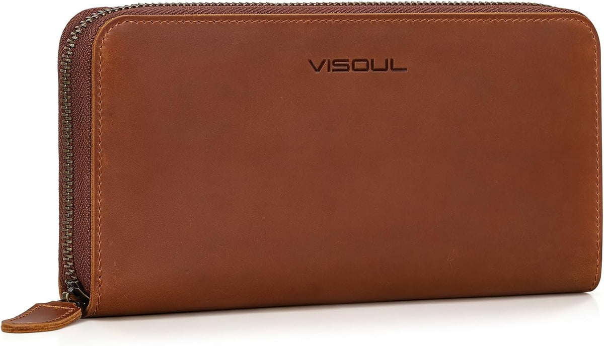 VISOUL Long Zip Around Pouch Wallet for Men Crazy Horse Leather with RFID Blocking, Large Clutch Cash Long Travel Wallet with 12 Card Slots-Chocolate