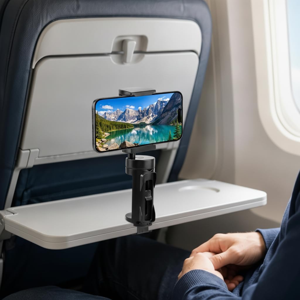 Airplane Phone Holder Mount, Travel Phone Holder with 360° Rotation, Hands Free Clamp Stand for Tray Table, Desk and Luggage Handle, Black