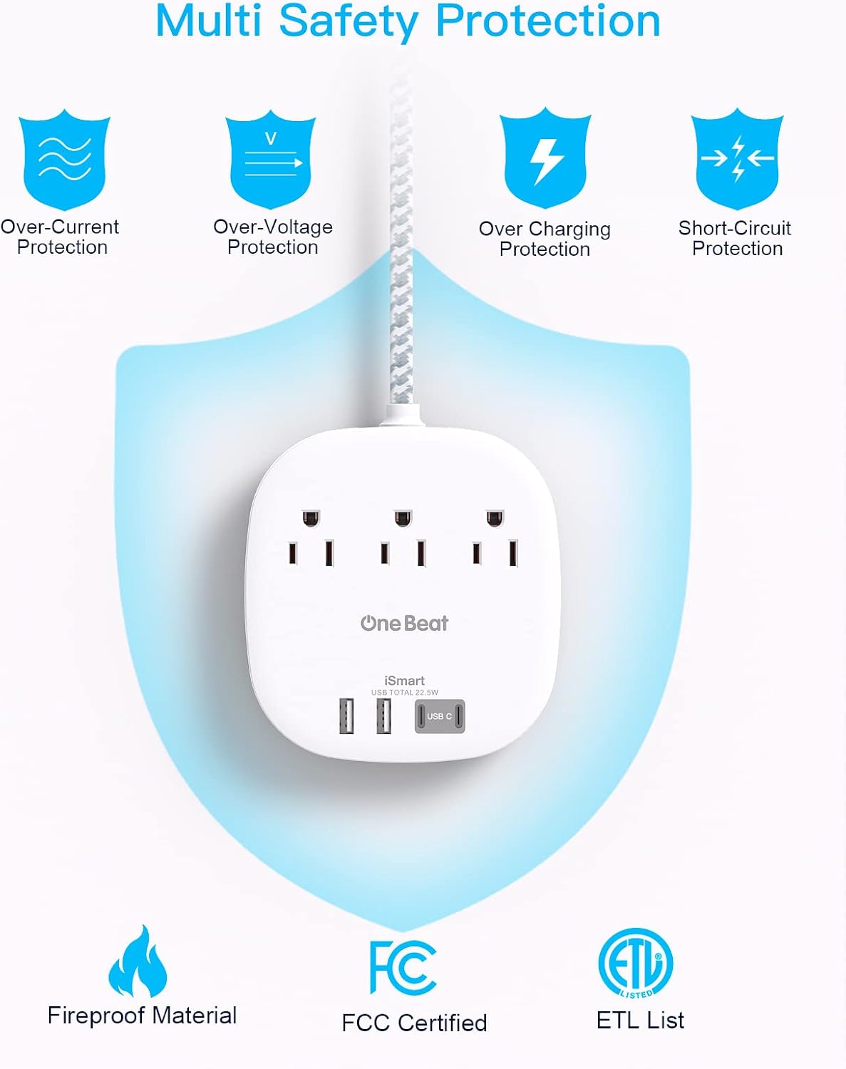 Cruise Ship Travel Essentials, 3Ft Short Extention Cord, 22.5W/4.5A, White