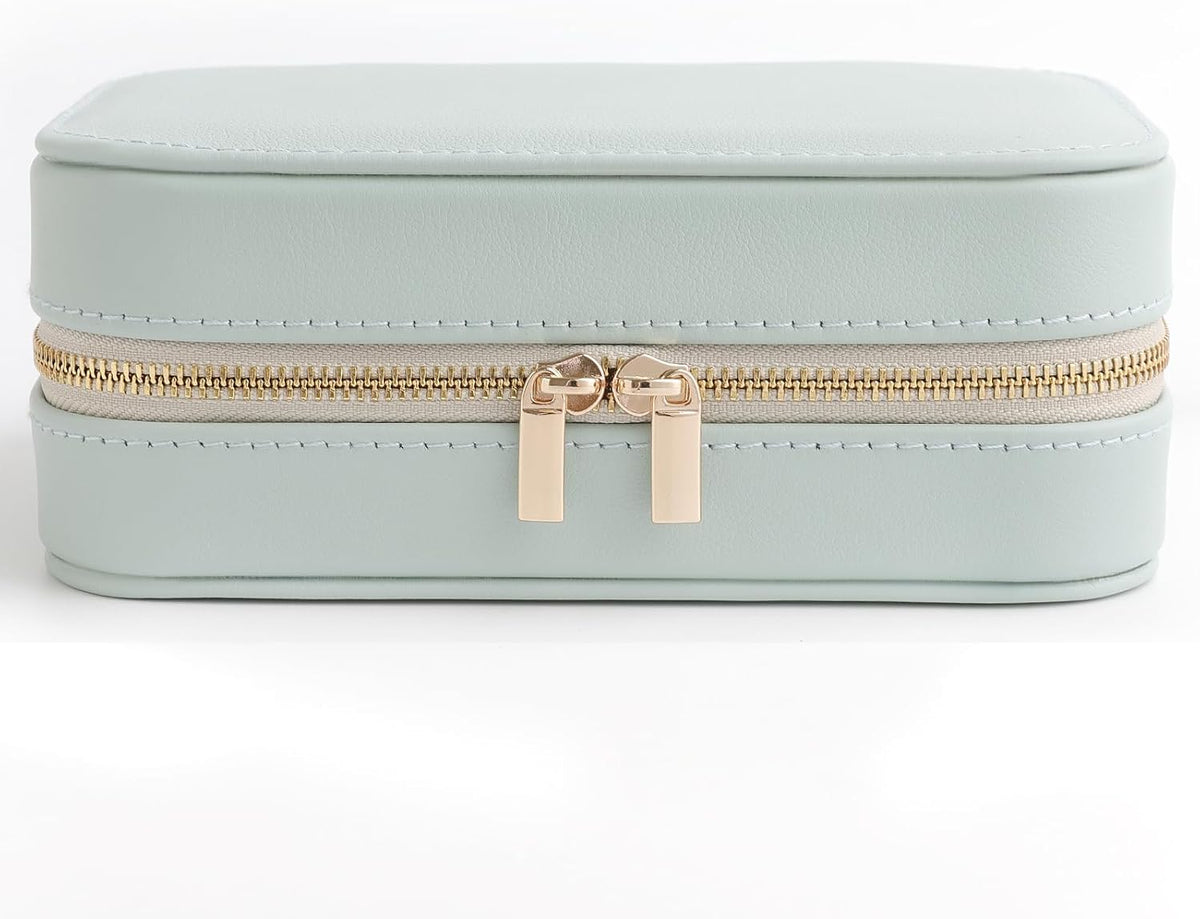 Genuine Leather Travel Jewelry Organizer Case with Mirror for Women, Small Mini Portable Jewelry Box for Ring Earrings Necklace Bracelet Luxury Gift for Women（Cyan）
