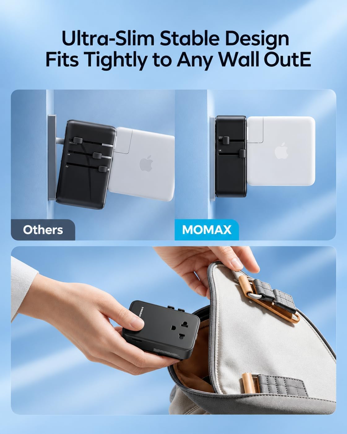 (2026 NEW) MOMAX Universal Travel Adapter, Ultra-Thin 70W GaN International Plug Adapter with 3 USB-C, 1 USB-A and AC Outlet, Works in 200+ Countries, Not a Voltage Converter, for International Travel