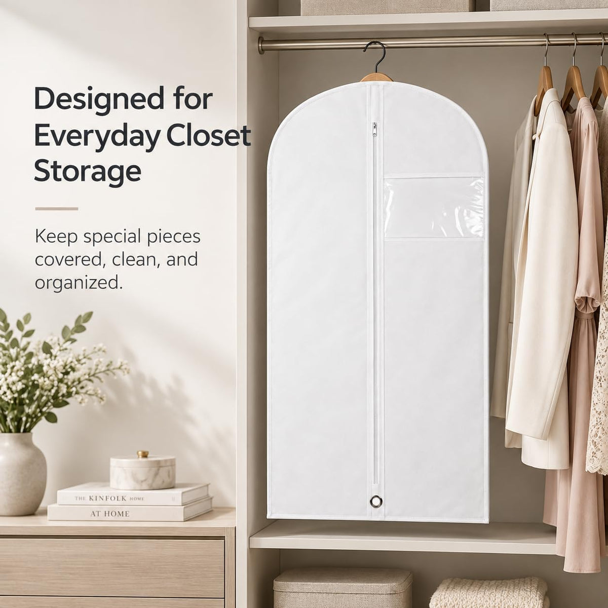 LPack 60" Garment Bag for Hanging Clothes, Dresses, Suits & Coats, Breathable Garment Cover for Closet Storage, White, 1 Pack