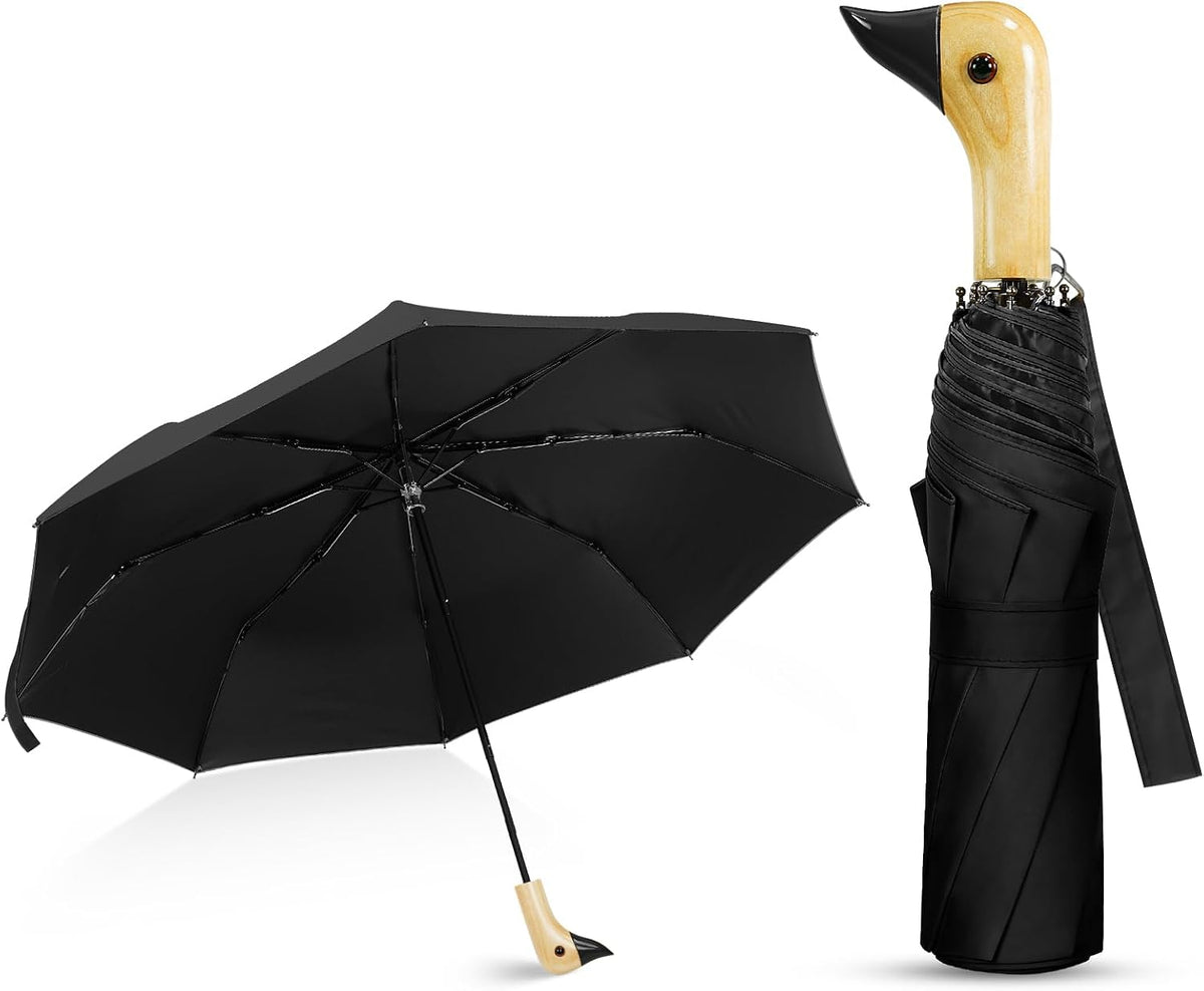 Cute Duck Handle Umbrella Compact Folding Travel Rain for Kids Women Adults