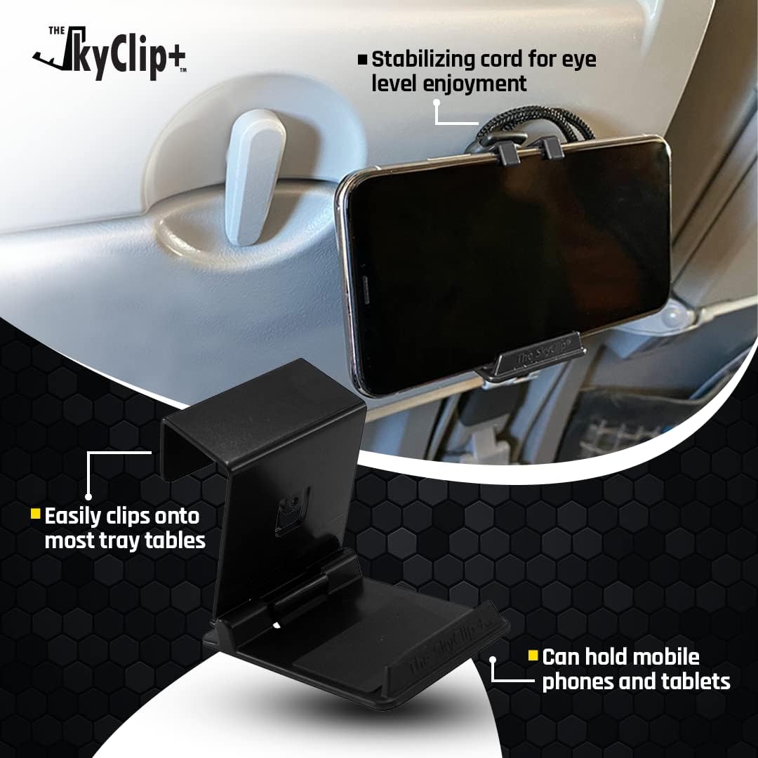 The SkyClip+ Phone & Tablet Holder for Air Travel, Home and Office Use - Inflight Phone Mount & Stand Compatible with iPhone, Android, Kindle and Tablets - Travel Accessory (Black, 3 Pack)