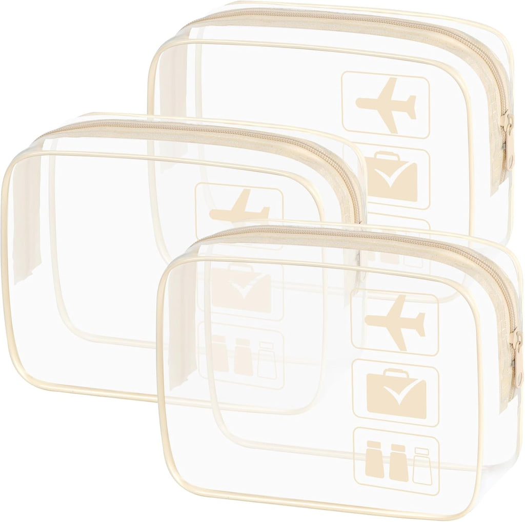 sogiv 3Pcs TSA Approved Toiletry Bag, Clear Travel Toiletry Bag, Clear Makeup Bag, Waterproof Travel Makeup Cosmetic Bag, Carry On Airport Airline Quart Size Travel Bag for Women Men (Beige)