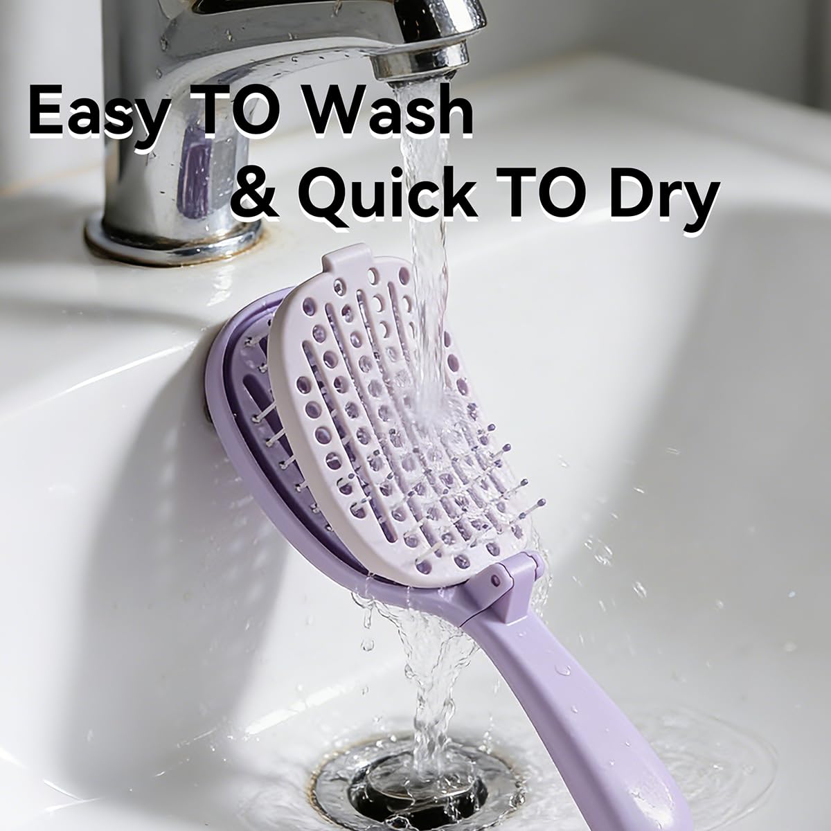 Self‑Cleaning Hair Brush, Curved Vented Detangler, Foldable Travel Purple
