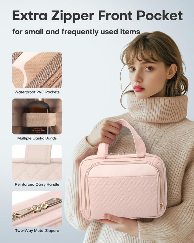 HOTOR Hanging Travel Toiletry Bag Women Men, Pale Pink, Large