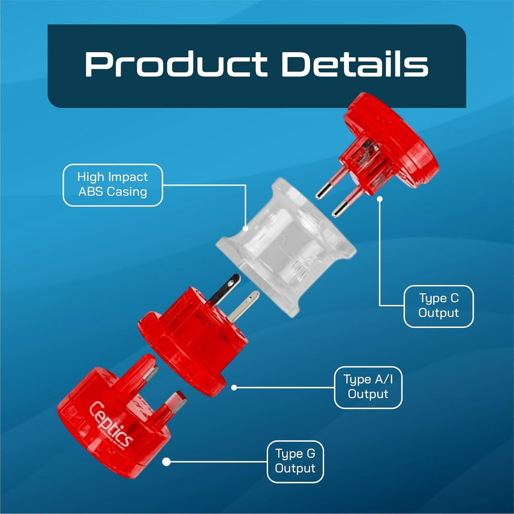 Ceptics International Power Adapter, Type A, C, G & I Plugs, Compact, Red