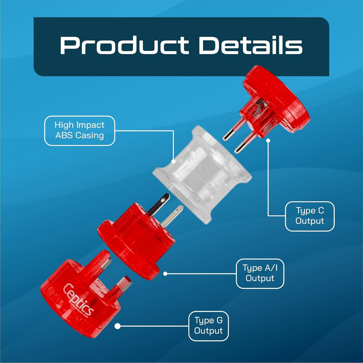 Ceptics International Power Adapter, Type A, C, G & I Plugs, Compact, Red
