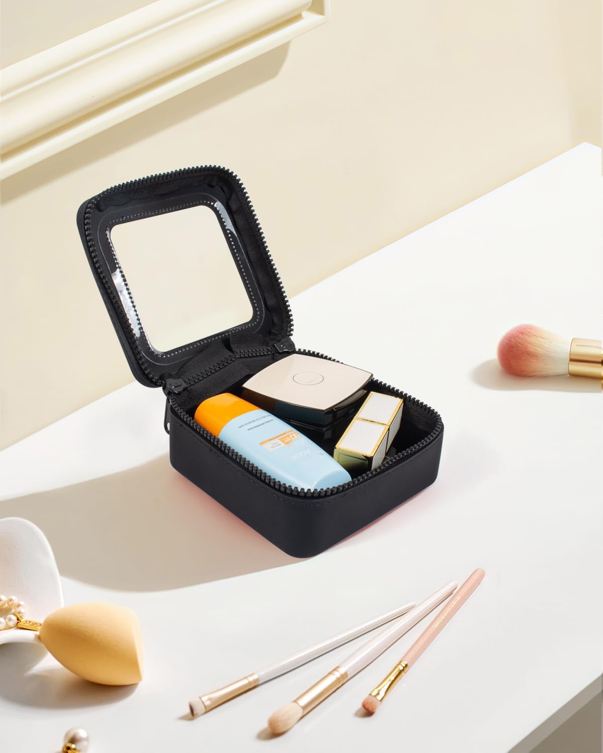 Small Clear Makeup Bag for Women, Mini Silicone Pouch Travel Cosmetic Case Waterproof Clear Make Up Pouch Purse with Zipper Cute Toiletry Bags for Traveling Car Organizer Travel Essentials (Black)