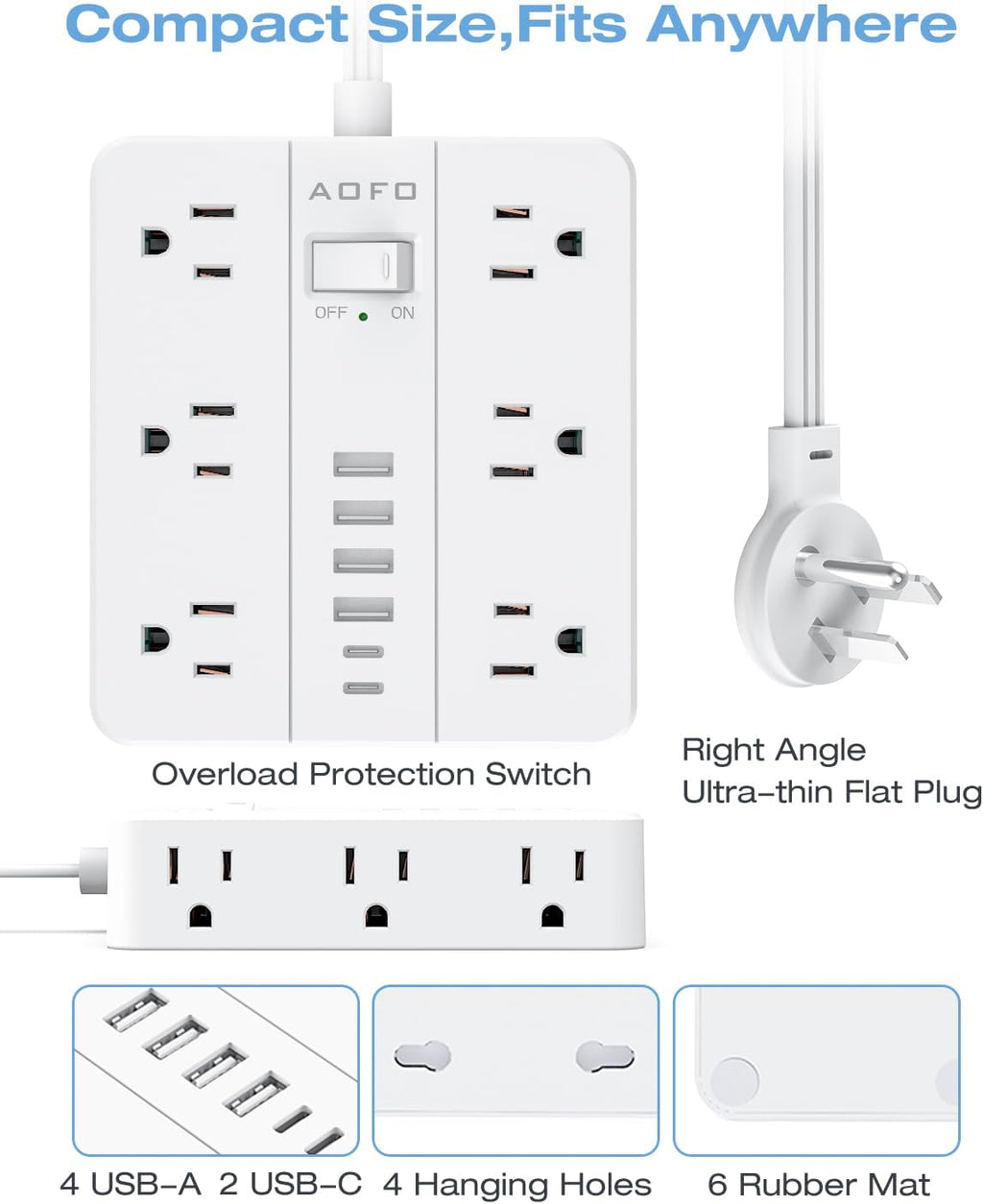 Power Strip Flat Plug,AOFO 5FT Extension Cord with Multiple Outlets