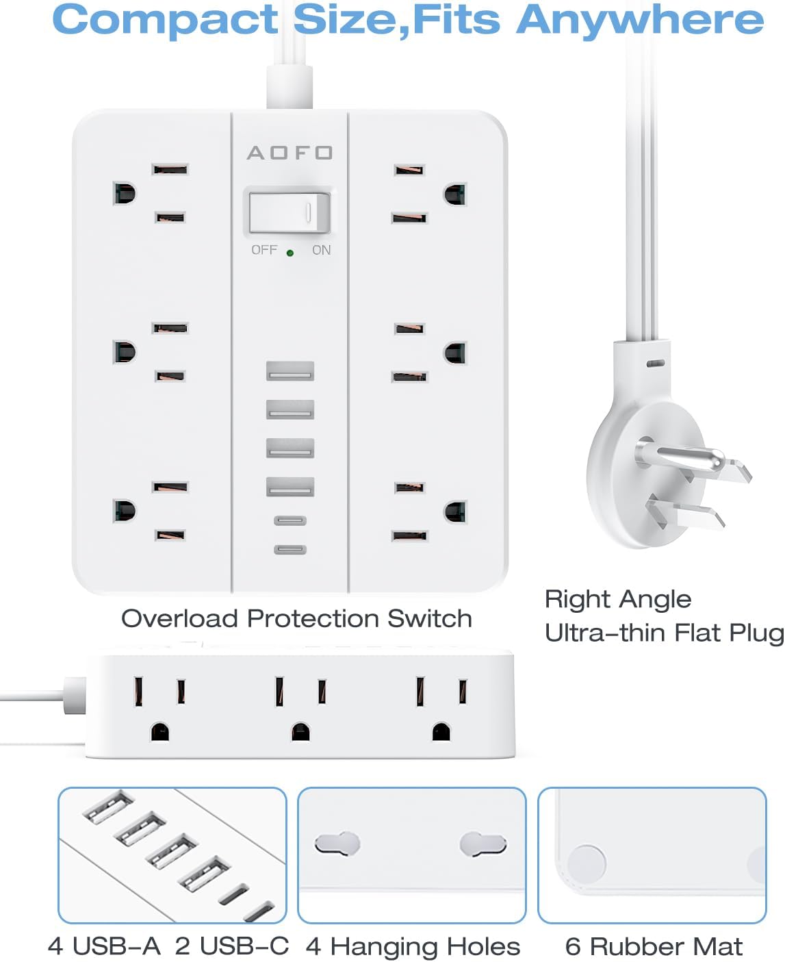 Power Strip Flat Plug,AOFO 5FT Extension Cord with Multiple Outlets