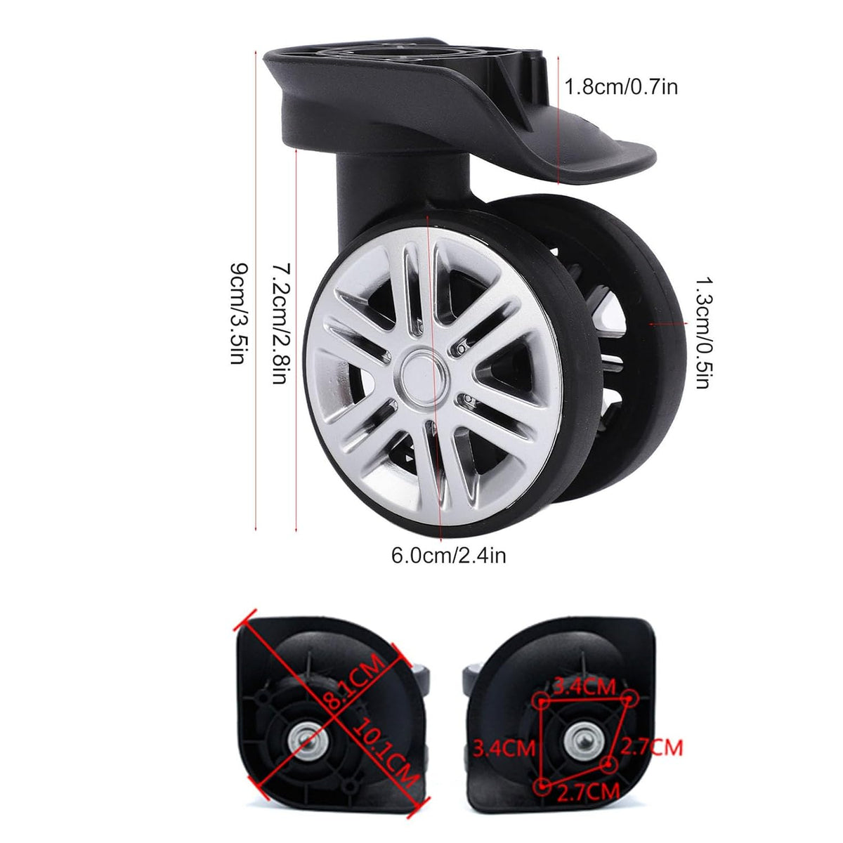 360 Degree Swivel Caster Wheels for Luggage – Black Plastic Replacement Trolley Wheels Compatible with Suitcase Travel Bags
