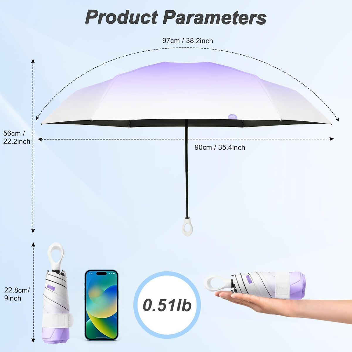 Gradient UV Umbrella UPF 50+, Mini Sun Parasol Foldable Compact Travel Size