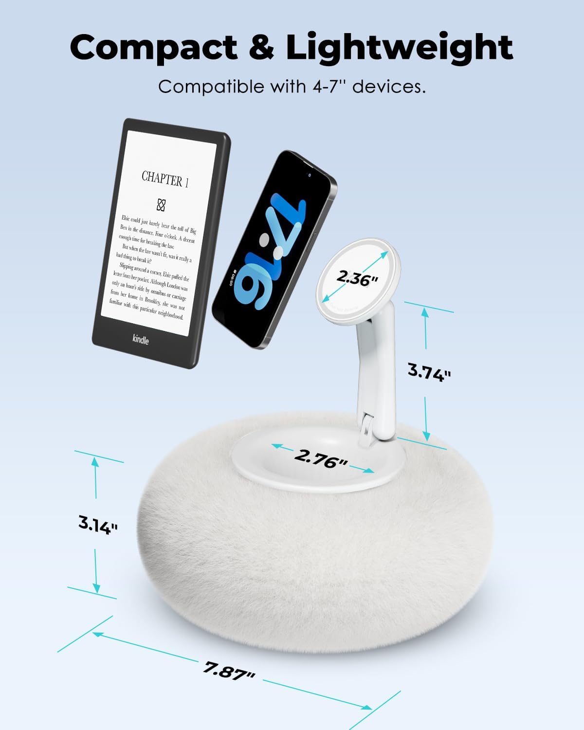 Viozon Phone Holder for Bed, Magnetic Pillow Stand, Compatible with 4-7" Phone/Kindle with Small Storage, Removable Suction Base for Stability, Idea for Kindle Reading and Video Watching On Bed,White