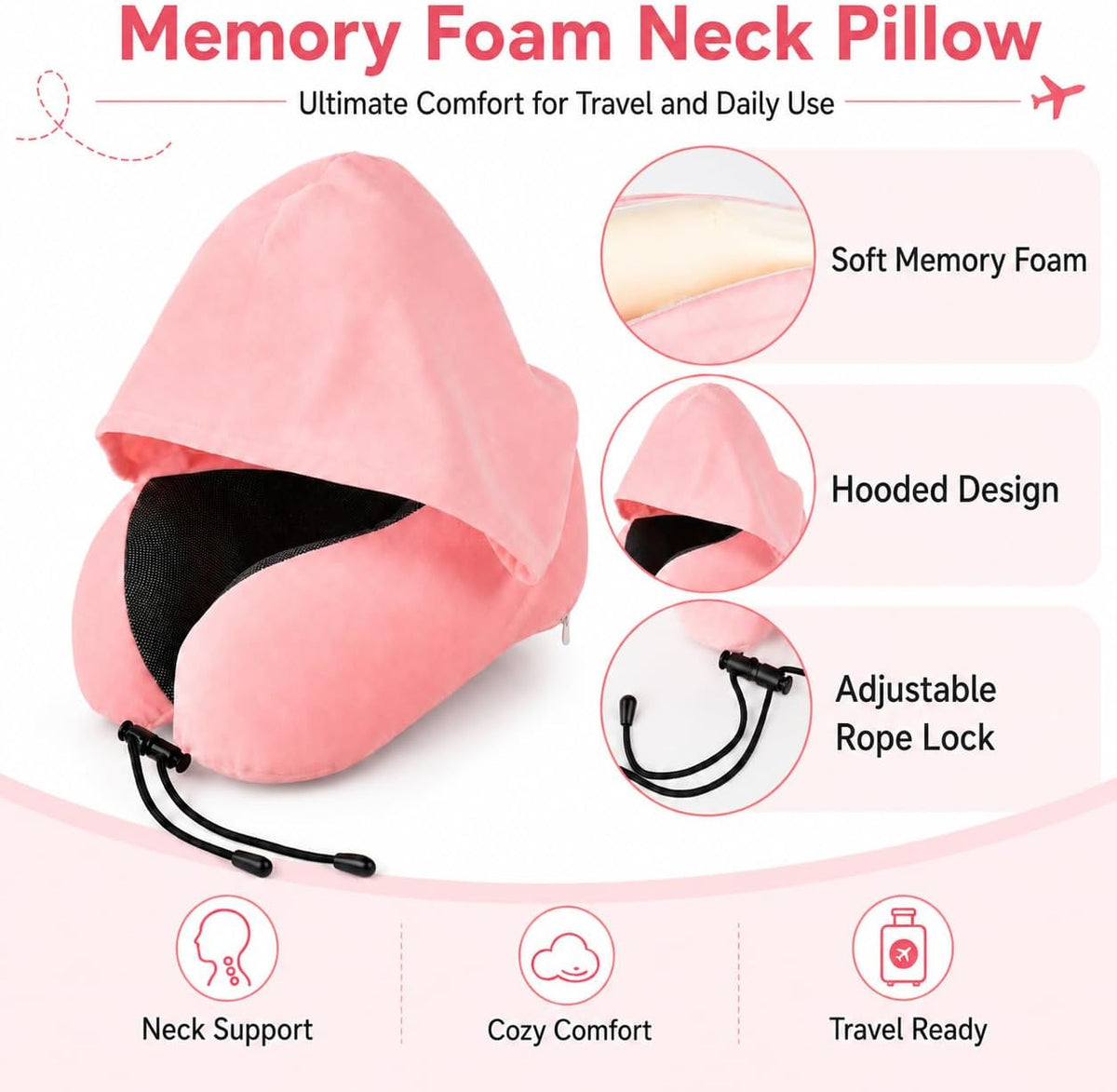 Travel Blanket and Pillow Set - Hooded Neck Pillow Airplane Essentials Pink