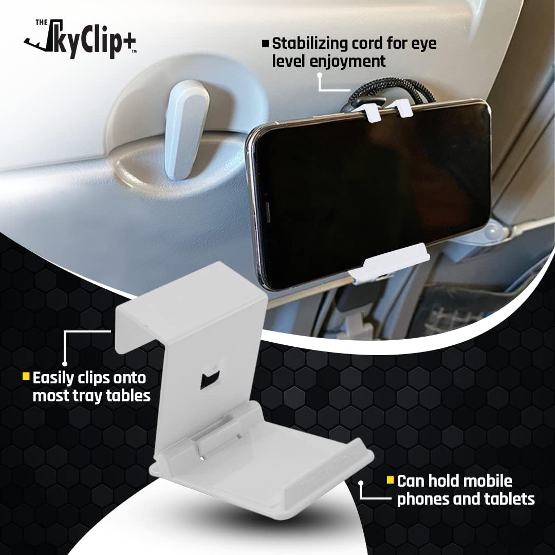 The SkyClip+ Phone & Tablet Holder for Air Travel, Home and Office Use - Inflight Phone Mount & Stand Compatible with iPhone, Android, Kindle and Tablets - Ultimate Travel Accessory (White)