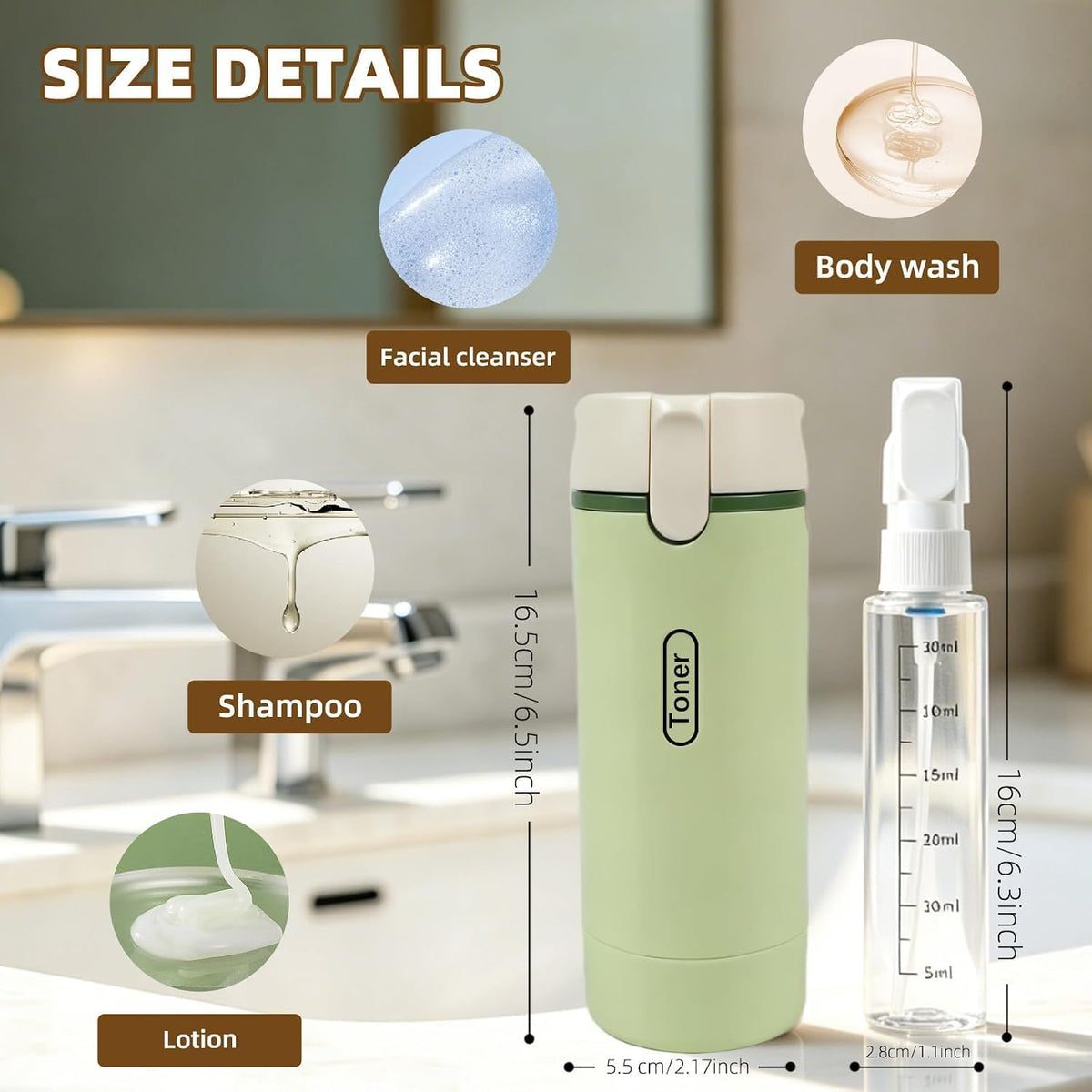 4 in 1 Travel Dispenser Bottle, Leakproof Travel Size Toiletries Holder, Refillable Portable Containers for Shampoo Lotion Conditioner Cream Transparent with Label (Green)