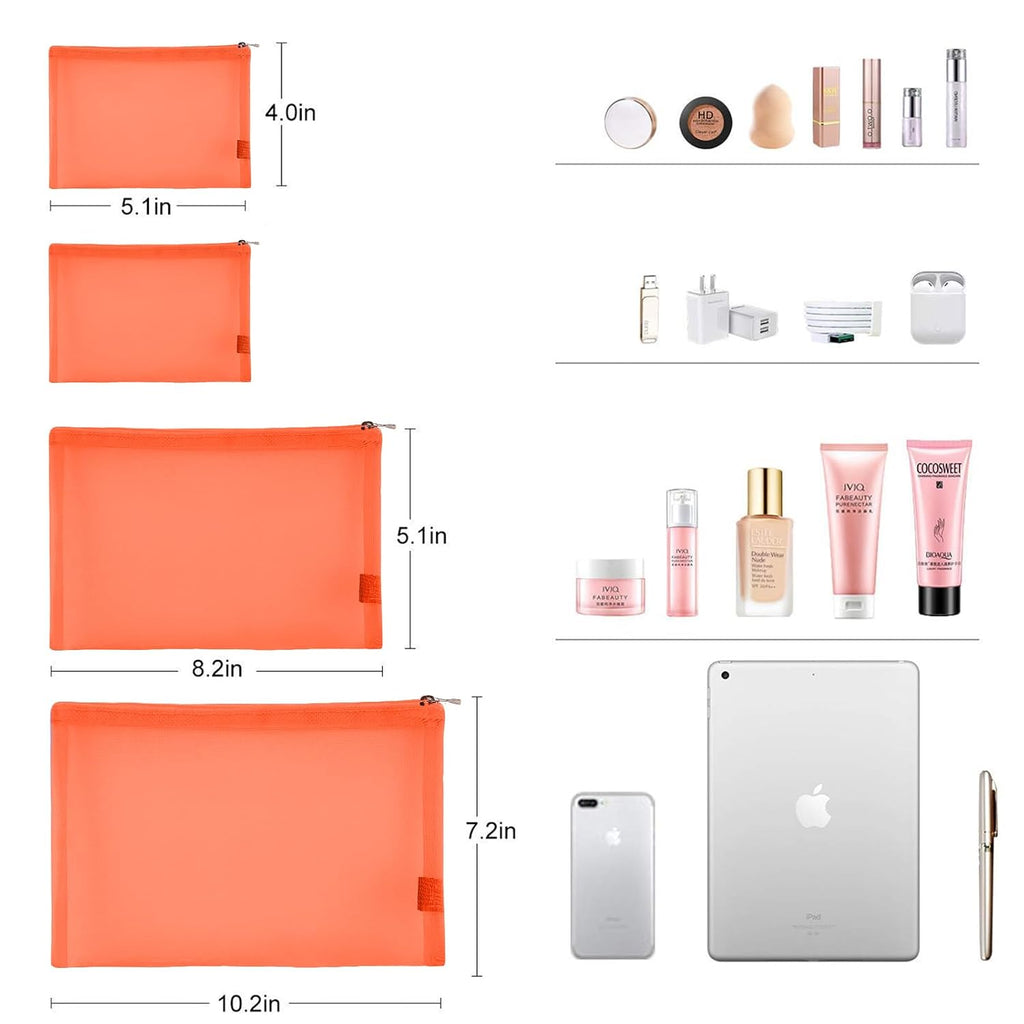 EASYFUN Mesh Pouch, Make up Bag with Zipper Cosmetic Organizer Pouch for Daily or Travel to Keep Small Items, 4 PCS Orange