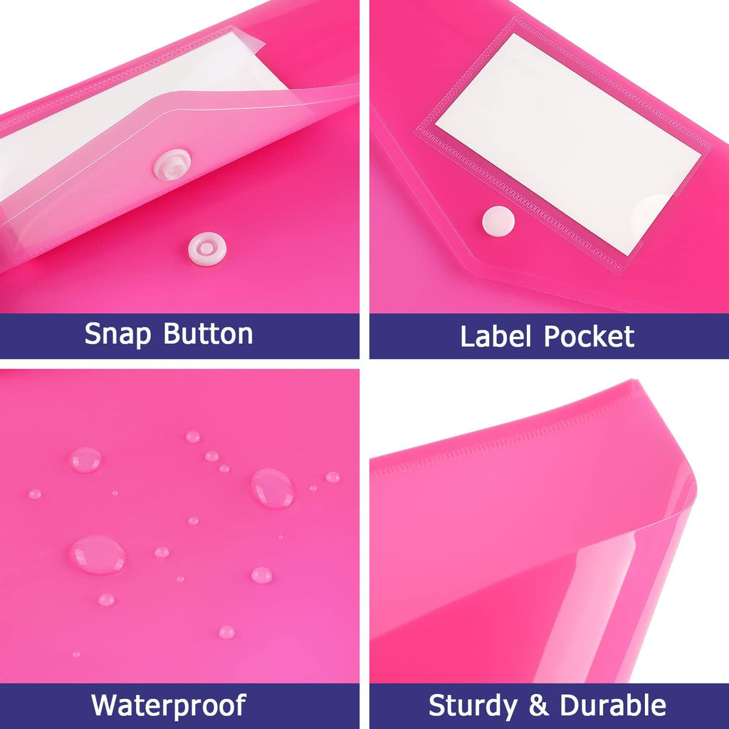 6 Pack Clear Document Folders Plastic Envelopes, A4 Size, Pink