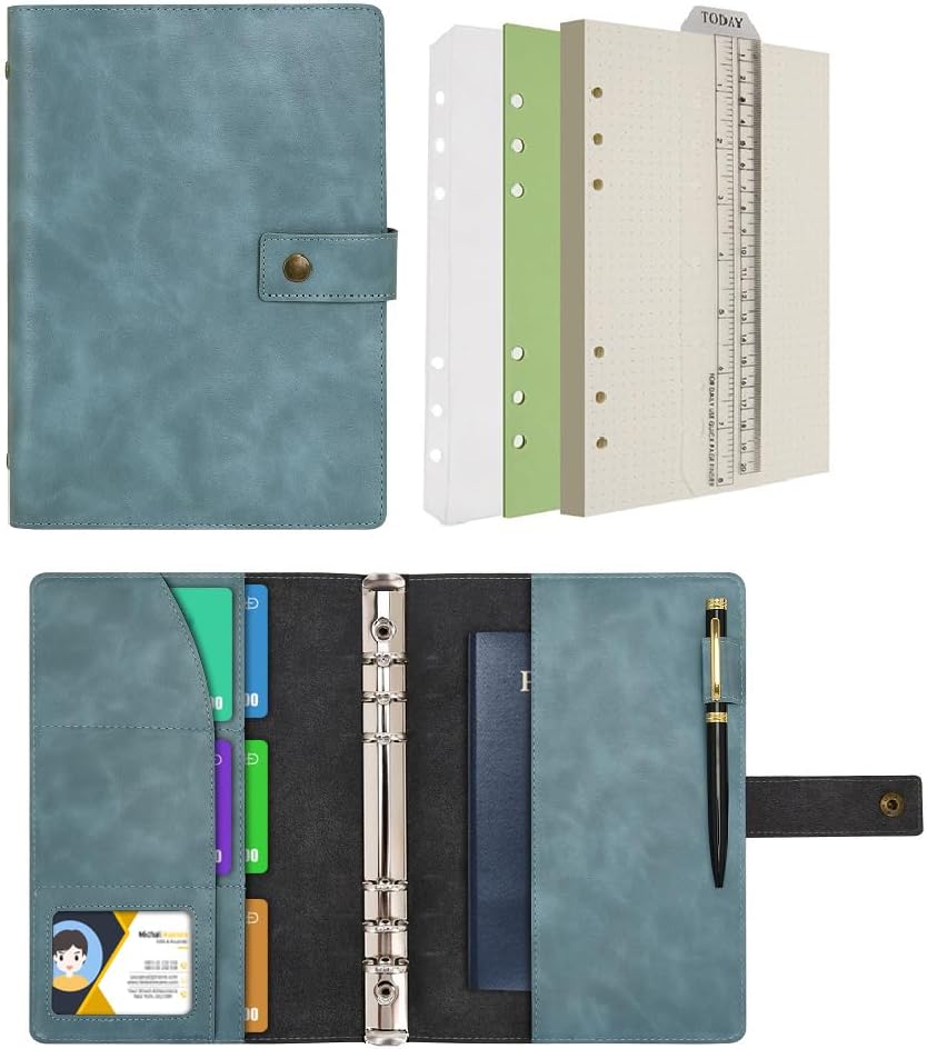 Wonderpool Leather Journal Refillable Notebook Spiral Diary Binder Portfolio - A5 Dot Grid Paper & Inner Pockets for Travel Work and Personal Organizer (Lake Blue, A5)
