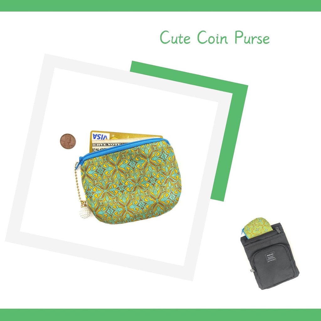 Handmade Rosary Pouch Women Coin Purse Silk Jewelry Bag Brocade Zipper Wallet - Yellow Aquamarine