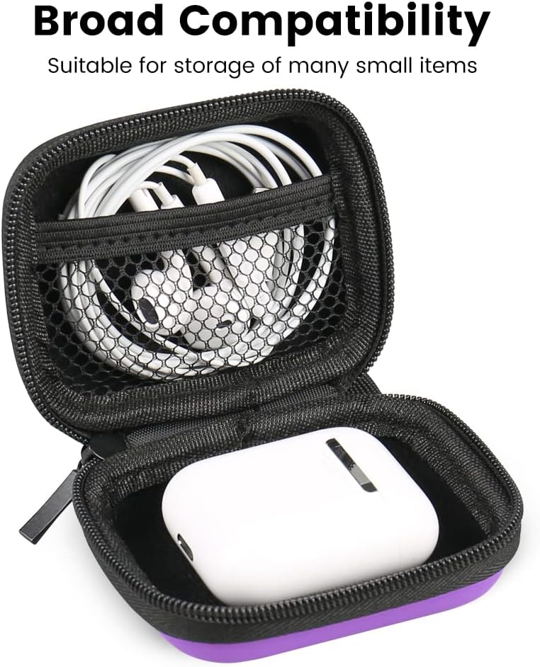 Earbud Case, RISETECH Earphone Case Holder Hard EVA Headphone Small Zipper Pouch Compatible with Wireless in-Ear Headset, SD Cards, USB Charger Cable, AirPods, Sony Wired Earbuds with Keychain -Purple