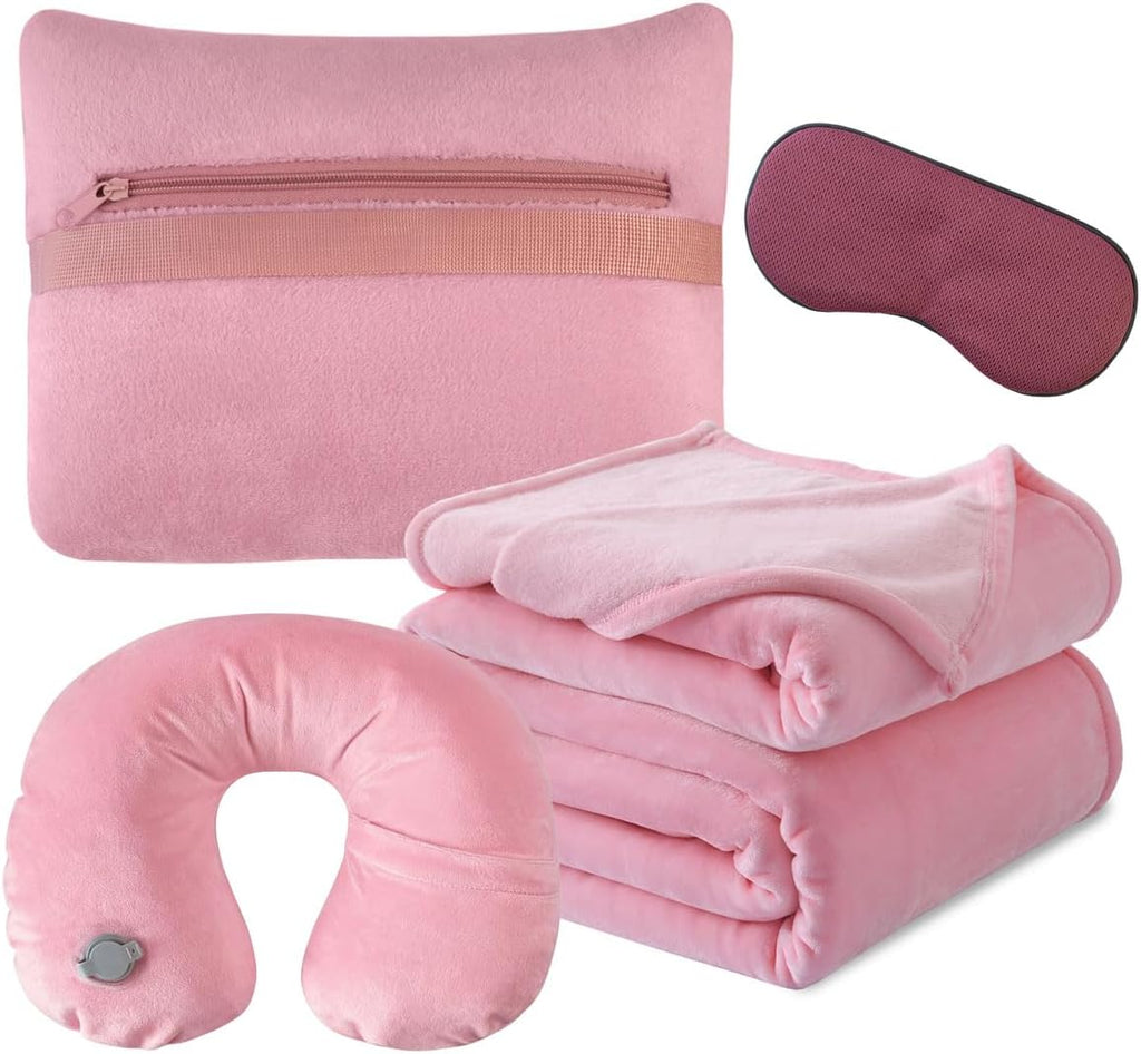 KAWAHOME Travel Blanket Airplane Compact Set with Neck Pillow, Eye Mask