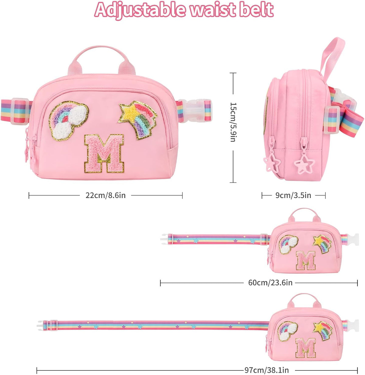Fanny Pack for Girls, Cute Purse for Girls Teens Crossbody Bag for Kids Belt Bag With 2 Compartments Trendy Stuff Graduation Birthday Gifts for 4 5 6 7 8 9 10 11 12 13 Years Old Initial M-Pink